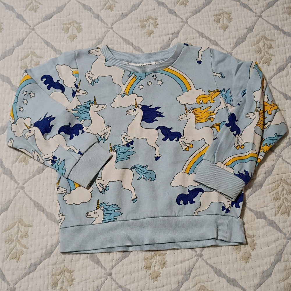 Mini Rodini Light Blue Unicorns And Rainbows Sweatshirt 92/98 (18/24/2T) VGUC